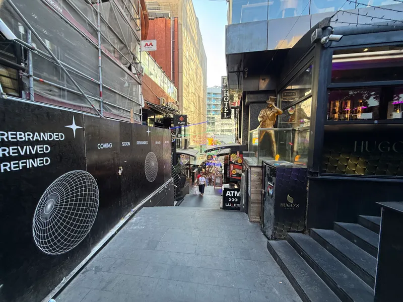 Case in point: hoardings promising a venue "rebranded, revived, refined", right next to Hugo's