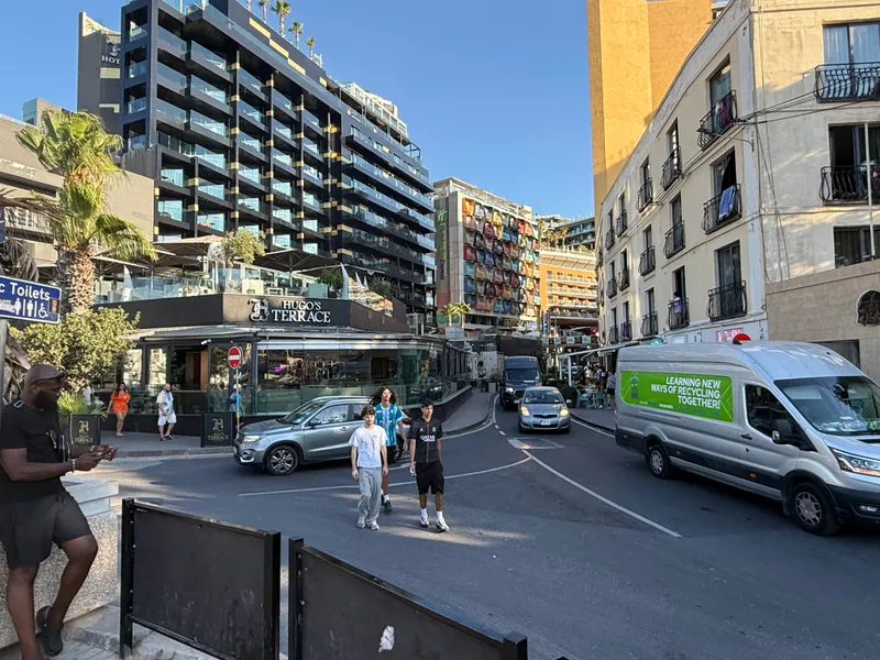 The Spinola end of St Julian's at golden hour, Hugo's Terrace on the corner. My neighbourhood, and calmer than the reputation suggests
