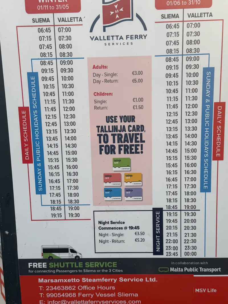 The fare board at the Sliema ferry landing: €3 single, €5 return, and free if you tap a Tallinja card.