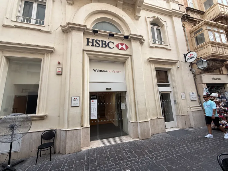 HSBC Malta on Merchants Street, photographed in July 2026, before the announced rebrand to CrediaBank.